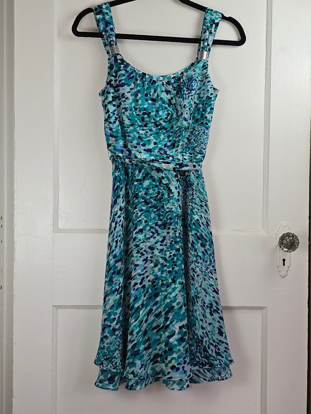 White House Black Market Aqua Blue Abstract Chiffon Sleeveless Dress Like New 0